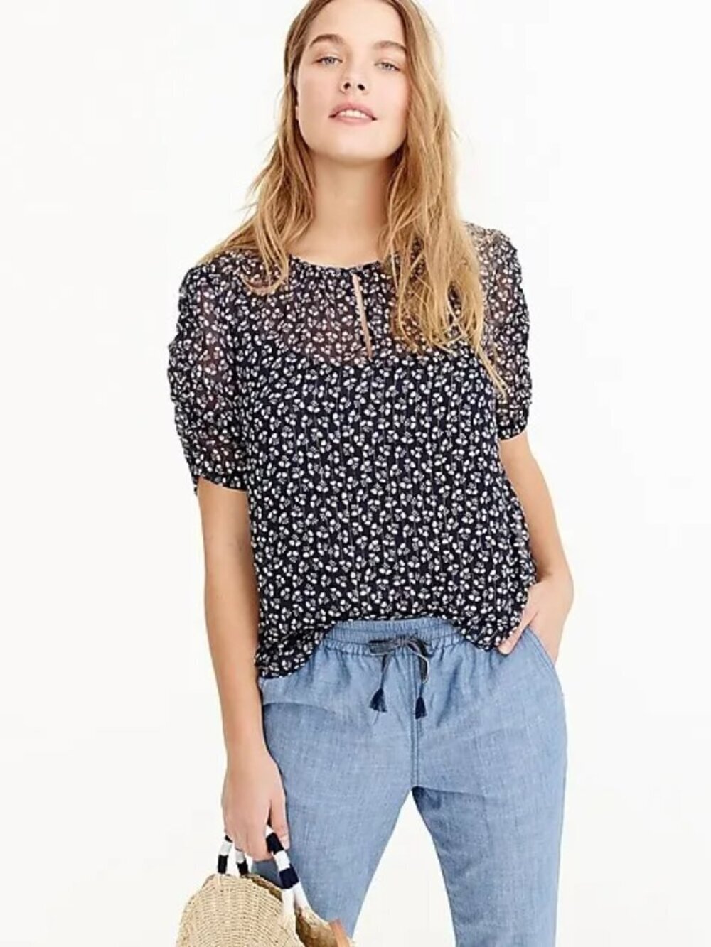 J.CREW Navy Blue Floral Metallic Sparkle Chiffon Ruched Sleeve Blouse, Size XS